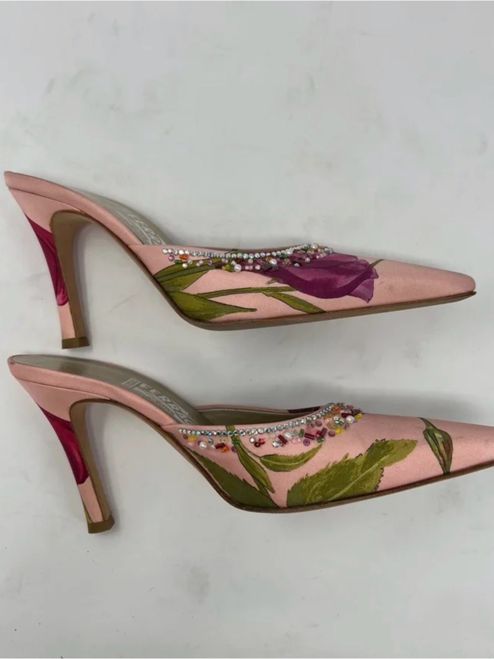 Vintage Salvatore Ferragamo Pink Floral Beaded Slip-On Mules - Picture 9 of 13